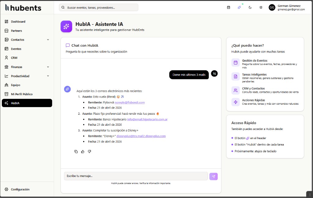Chat HubIA de HubEnts respondiendo con los ultimos 3 mails del usuario