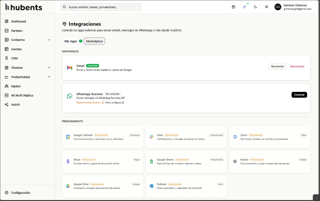 Marketplace Mis Apps de HubEnts con Gmail conectado y WhatsApp Business disponible
