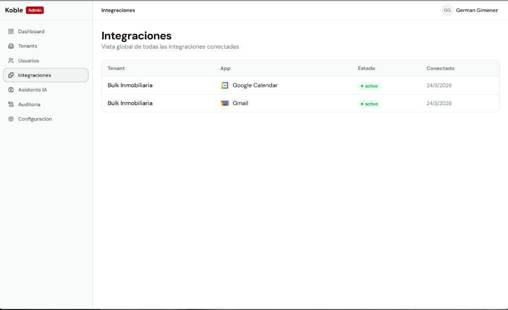 Panel admin de Koble mostrando integraciones activas por tenant