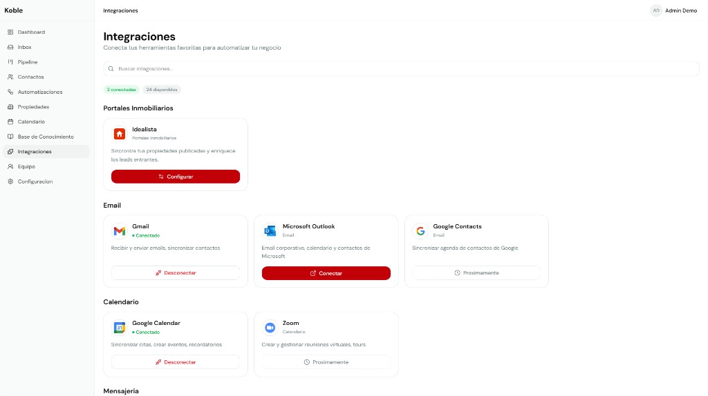 Marketplace de integraciones de Koble con Gmail y Google Calendar conectados