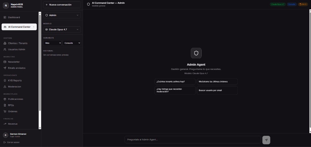 AI Command Center de NapsixB2B con seleccion de modelo Claude Opus 4.7 y variables