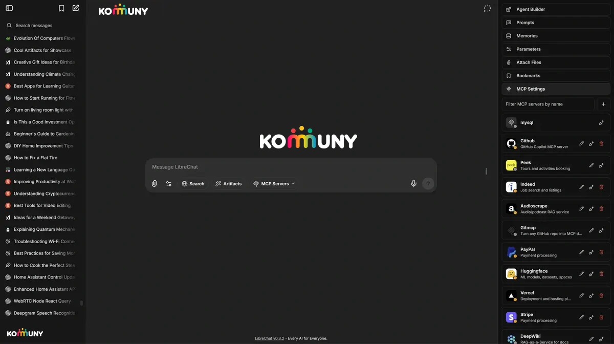 Komuny Chat — interfaz con presets pedagógicos, MCPs, agentes y memoria
